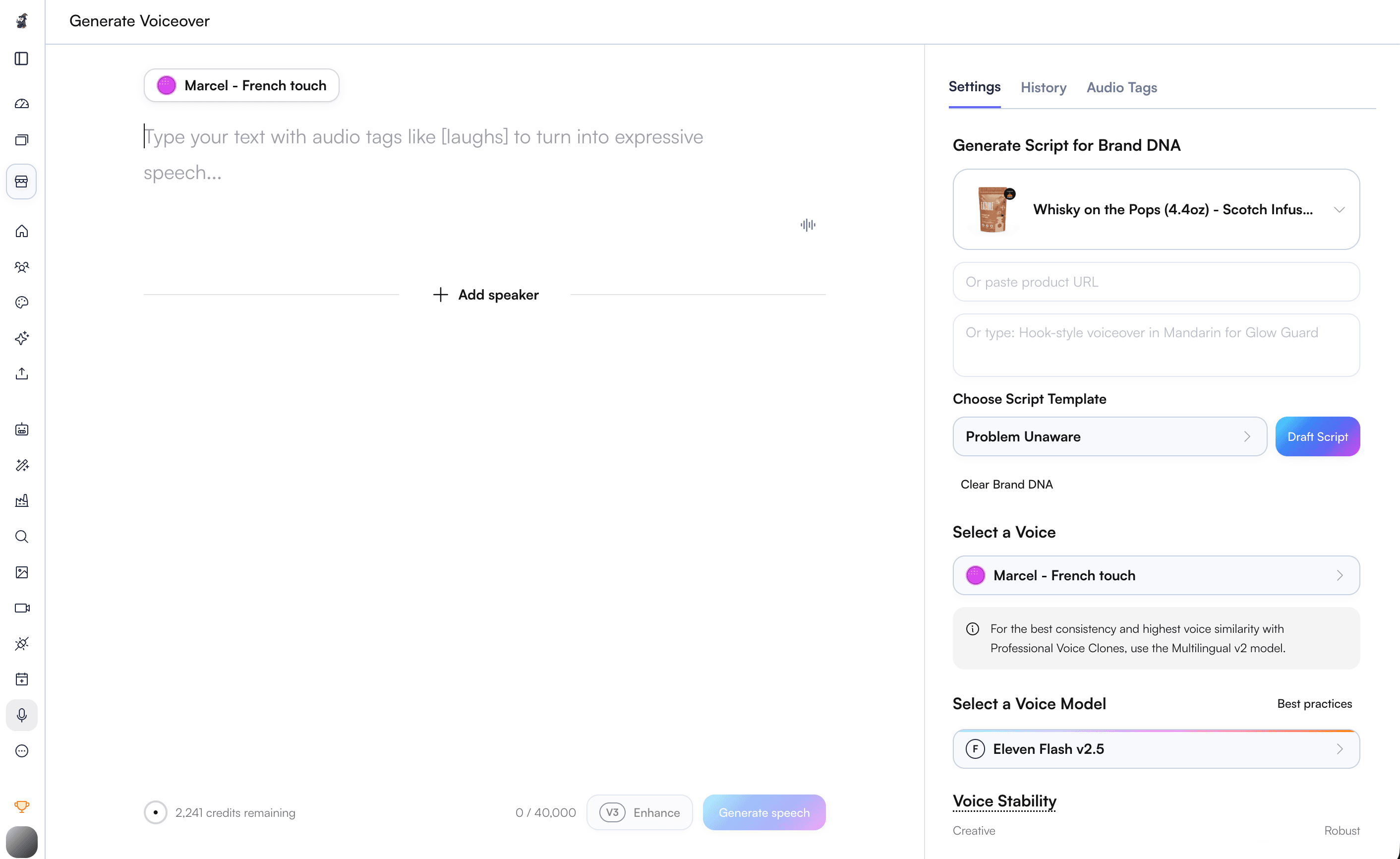 PotionAds Generate Voiceover dashboard